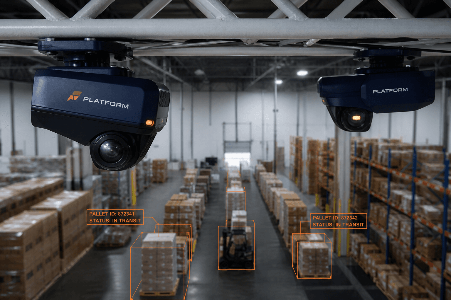 Industrial cameras on a warehouse ceiling truss