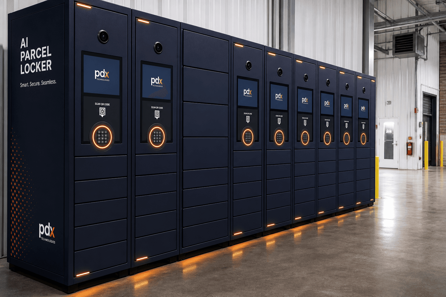 Navy smart locker bank with orange status rings