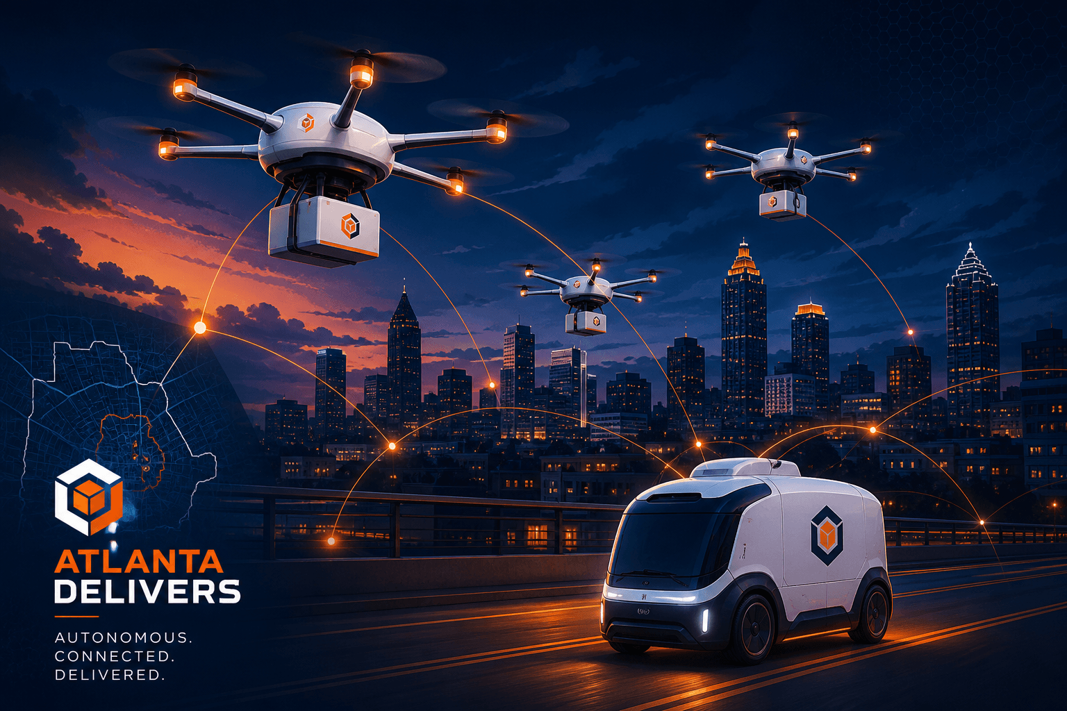 Delivery drones and an autonomous ground vehicle over the Atlanta skyline at dusk