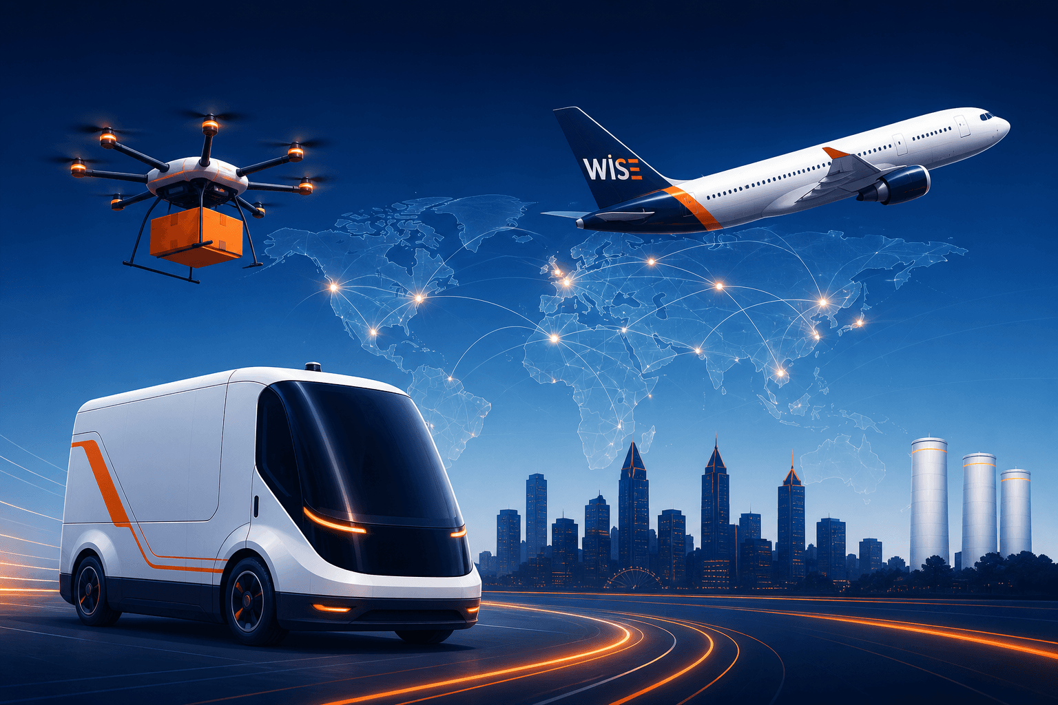 Autonomous delivery van, cargo drone, and WISE-marked aircraft over a navy Atlanta skyline