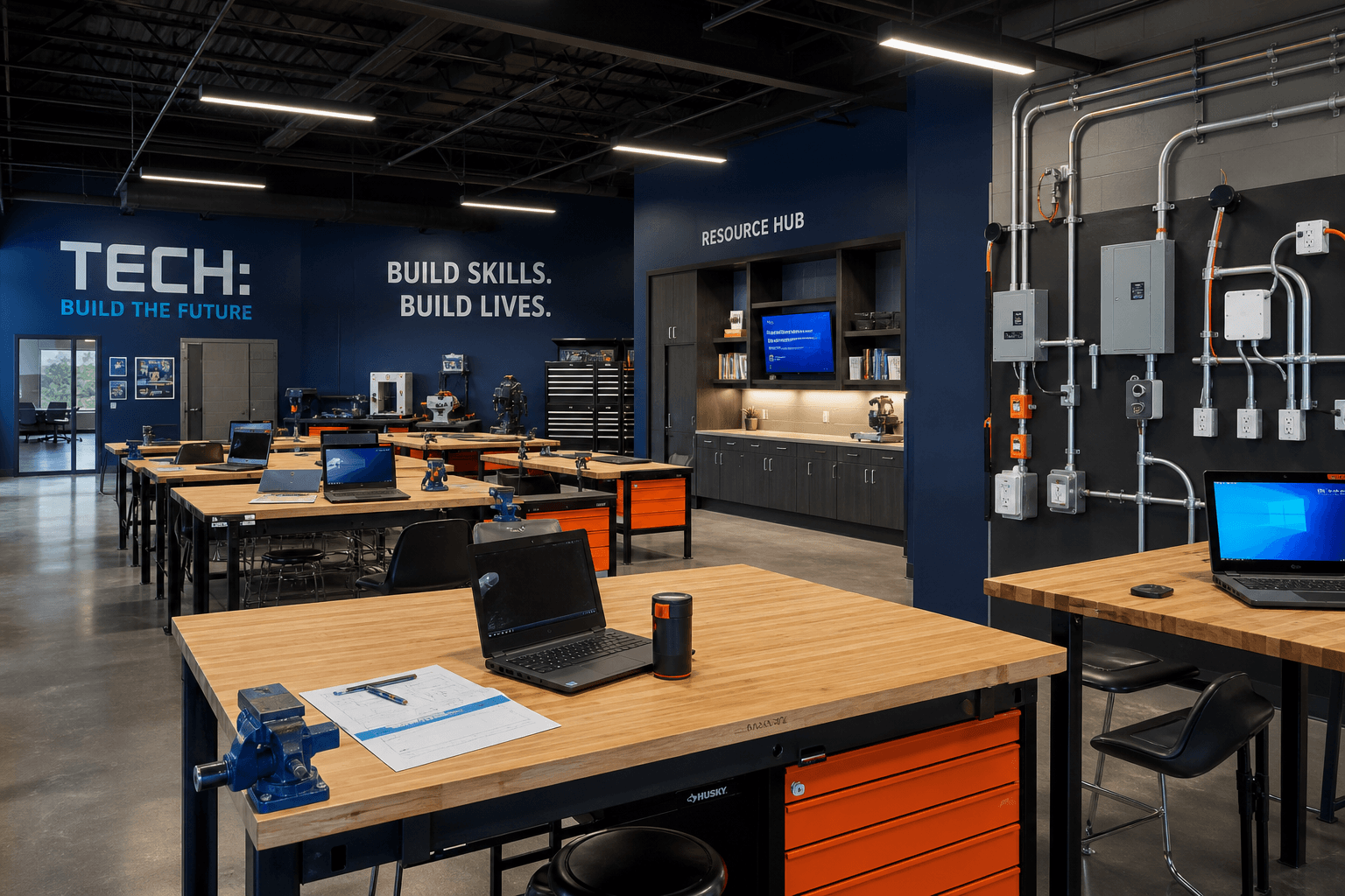 Workshop benches, navy walls, and construction training stations at a technology facility