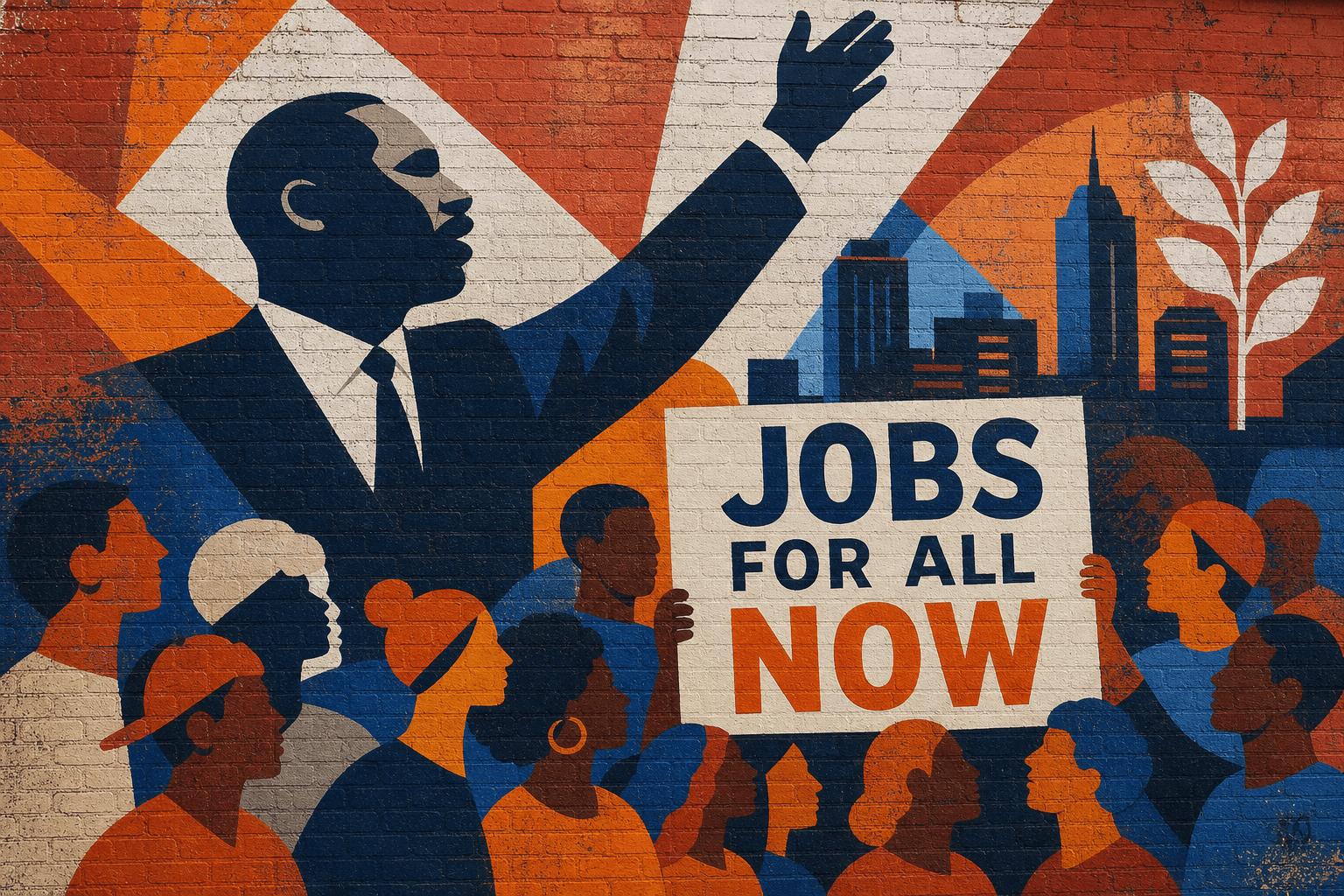 Stylized Atlanta community mural with a JOBS FOR ALL NOW banner, painted figures, not a photograph of any person