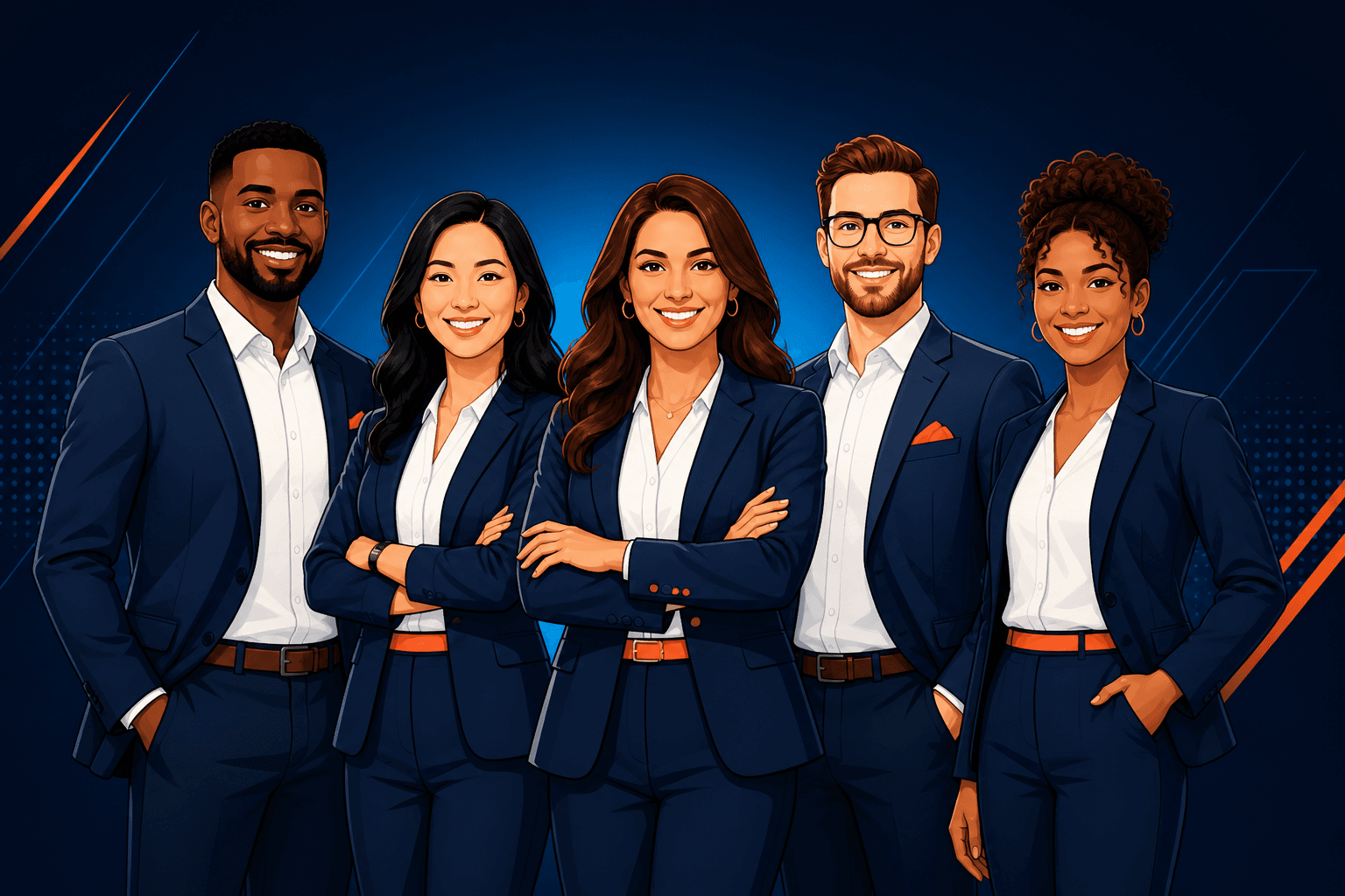 Illustrated diverse professional team of five people in navy business attire